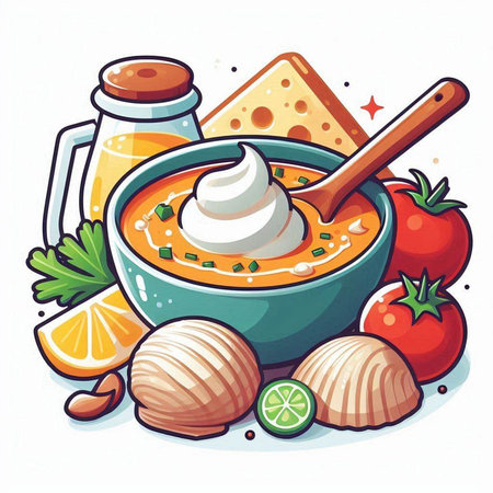 Vector illustration of a bowl of tomato soup with sour cream and ingredients on a white backgroundのイラスト素材