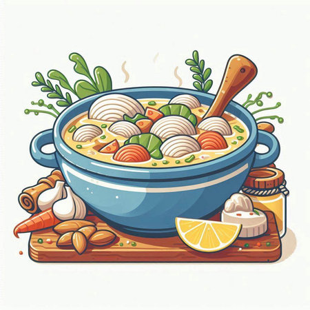 Soup with noodles and vegetables in a bowl. Vector illustration.のイラスト素材