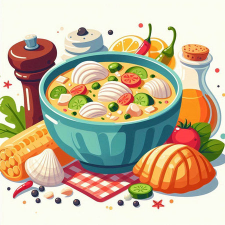 Vector illustration of a bowl of chicken soup with vegetables and spices.のイラスト素材