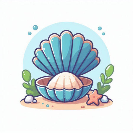 Sea shell and corals. Cute cartoon illustration. Vector illustration.のイラスト素材