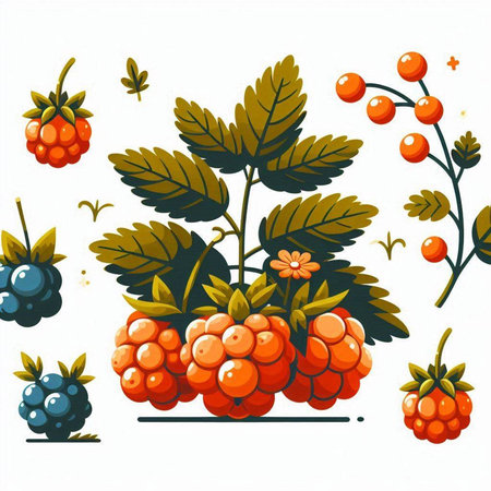 Vector illustration of a bunch of berries on a branch with leaves.のイラスト素材