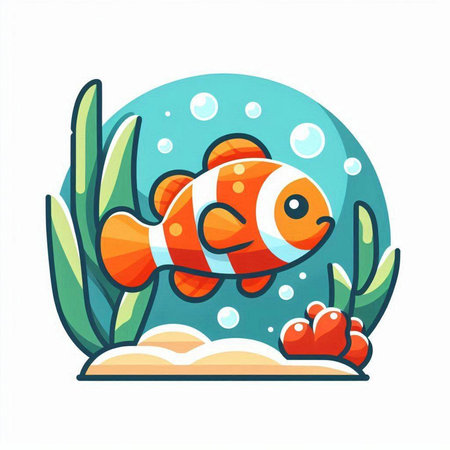 Cute cartoon clownfish on the bottom of the sea. Vector illustrationのイラスト素材
