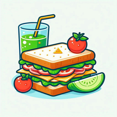 Vector illustration of a sandwich with cheese, tomato and cucumber.のイラスト素材