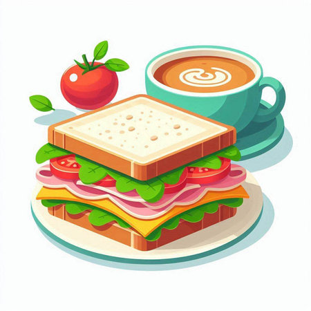 Vector illustration of a sandwich with ham, cheese, tomato, lettuce and a cup of coffeeのイラスト素材
