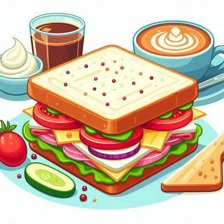 Vector illustration of a sandwich with cream cheese, tomato, cucumber, lettuce, cheese and coffeeのイラスト素材