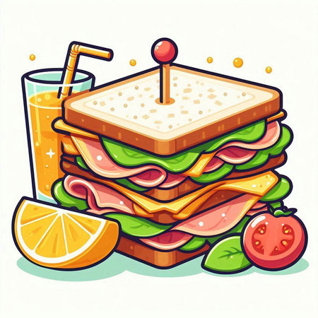 Sandwich with ham, cheese, tomato and orange juice. Vector illustration.のイラスト素材
