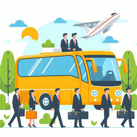 Business people traveling by bus. Vector illustration in flat cartoon style.のイラスト素材