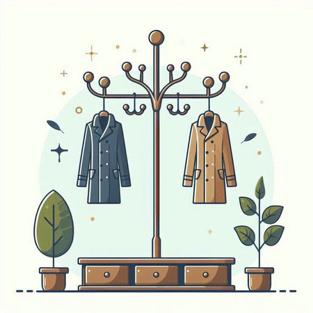 Vector illustration of a coat rack with clothes and plants in the background.のイラスト素材