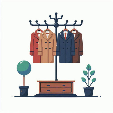Illustration of a coat rack with a coat on a white backgroundのイラスト素材