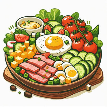 Illustration of a plate with fresh vegetable salad and fried egg.のイラスト素材
