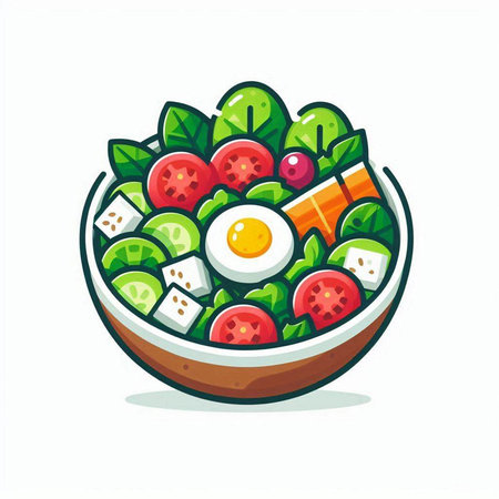 Cartoon vegetable salad with egg in bowl isolated on white background.のイラスト素材