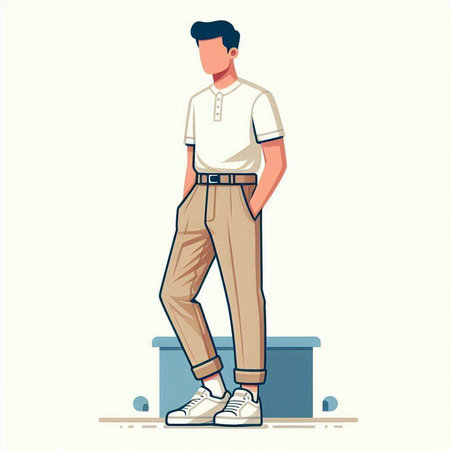 Young man in casual clothes standing with hands in pockets. Vector illustration in cartoon styleのイラスト素材