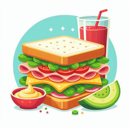 Sandwich with ham, cheese, tomato and lettuce. Vector illustrationのイラスト素材