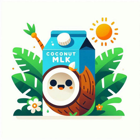 Coconut milk in a carton box with a cute character. Vector illustration.のイラスト素材