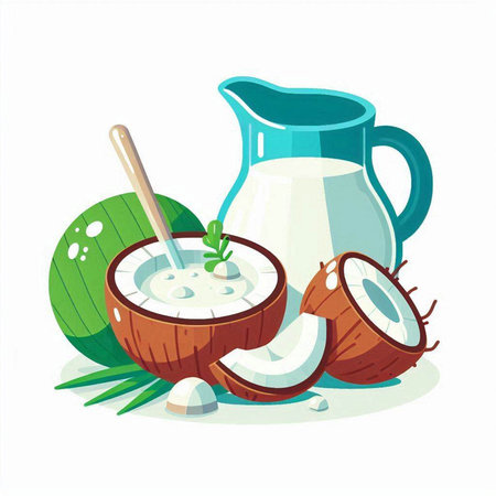Coconut milk and fresh coconuts vector illustration isolated on white background.のイラスト素材