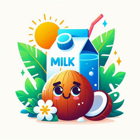 Cute cartoon coconuts with a glass of milk, vector illustrationのイラスト素材