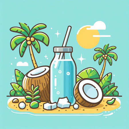 Coconut water in a glass bottle on the beach. Vector illustration.のイラスト素材