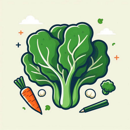 Vector illustration of green lettuce, carrot, onion, parsley, peas. Vegetarian concept.のイラスト素材