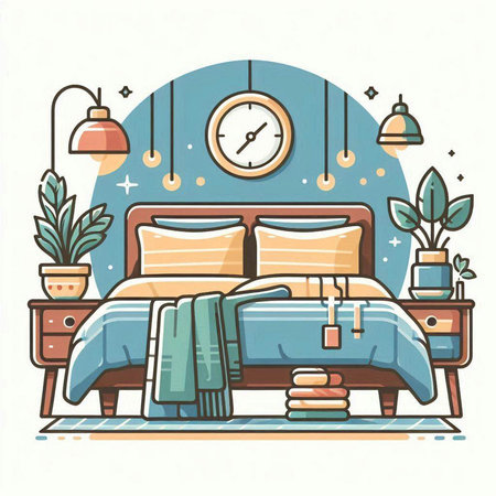 Vector illustration of a cozy bedroom with a bed, pillows and a clock. Flat style.のイラスト素材