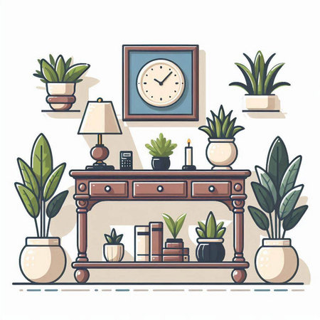 Vector illustration of a cozy living room interior with a wooden chest of drawersのイラスト素材