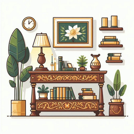 Bookshelf with books and potted plants. Vector illustration.のイラスト素材