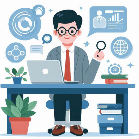 Businessman sitting at his desk in front of his laptop. Vector illustration.のイラスト素材