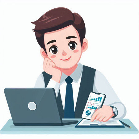 Businessman working on laptop computer. Vector illustration in cartoon style.のイラスト素材