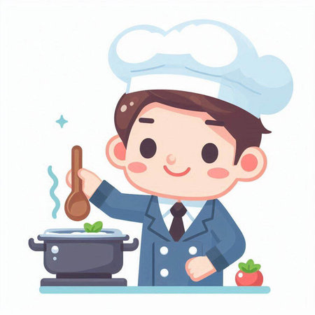 Illustration of a young male chef with a ladle and a potのイラスト素材