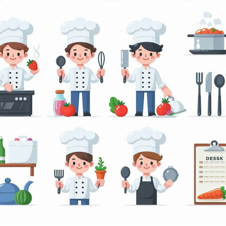 Cartoon chef character vector set. Cooking, cooking, restaurant, cafe, restaurant.のイラスト素材