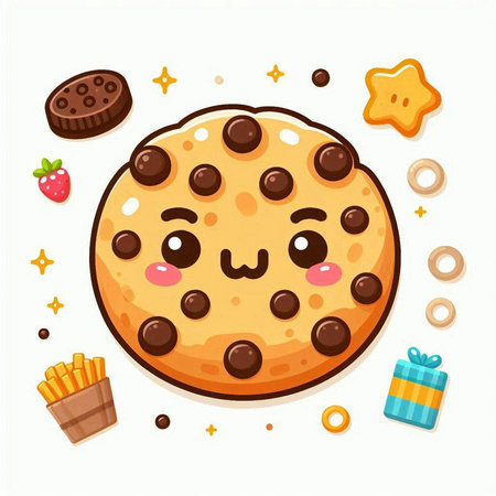 Cute chocolate chip cookie with happy face. Vector cartoon character illustration.のイラスト素材