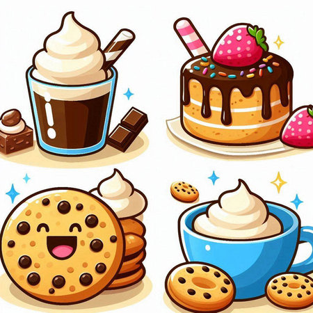 Illustration of a Set of Different Cookies and Sweets with a Cup of Coffeeのイラスト素材