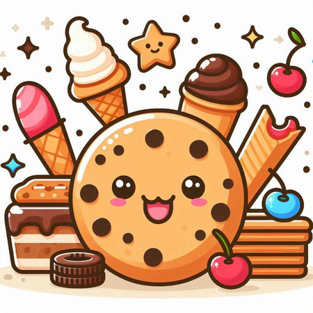 Illustration of Cute Chocolate Chip Cookie Mascot Character with Ice Creamのイラスト素材