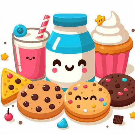 Illustration of Cute Cartoon Mascot Characters with Milk and Cookiesのイラスト素材