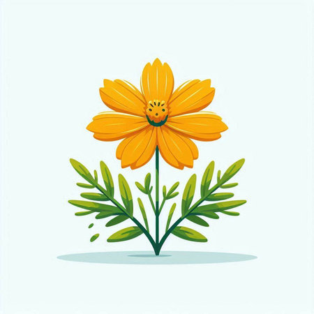 Beautiful yellow flower with green leaves on blue background. Vector illustration.のイラスト素材