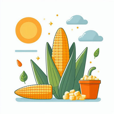 Vector illustration of fresh corn on the cob with leaves in a pot.のイラスト素材