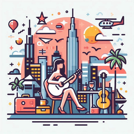 Guitar player on the background of the city. Vector illustrationのイラスト素材
