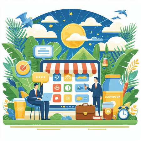 Online shopping concept. Vector illustration in flat cartoon style. Digital marketing and e-commerce.のイラスト素材