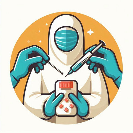 Illustration of a doctor wearing a hazmat suit holding a syringe and a blood sampleのイラスト素材