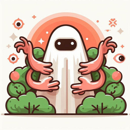 Funny cartoon ghost with hands up. Vector illustration in flat style.のイラスト素材