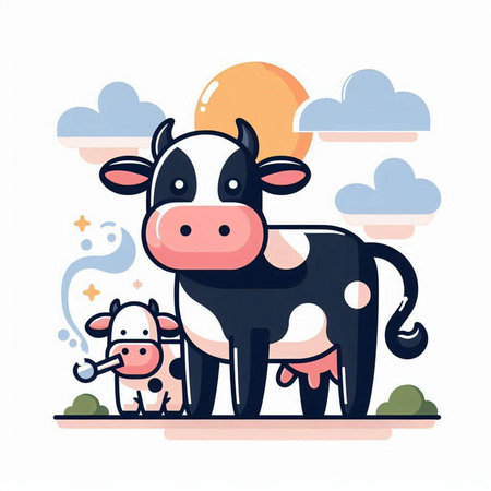 Cute cartoon cow and calf. Vector illustration in flat style.のイラスト素材