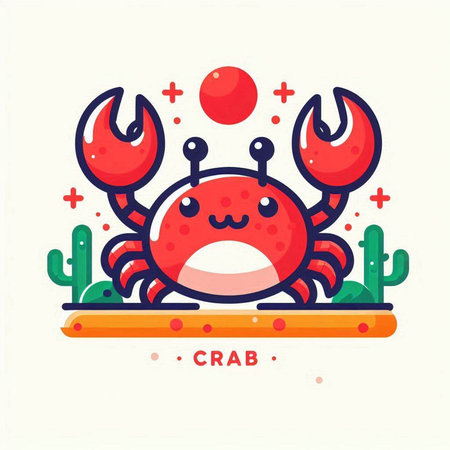 Cute crab with cactus. Vector illustration in flat style.のイラスト素材