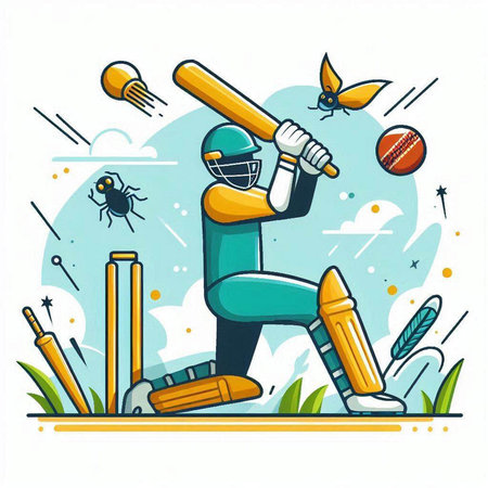 Cricket player batsman in action. Vector cartoon illustration.のイラスト素材