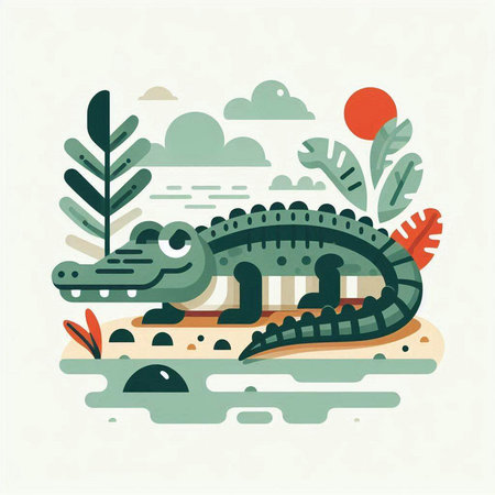Crocodile on the beach. Vector illustration in flat style.のイラスト素材