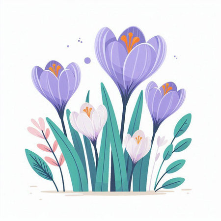 Crocuses. Spring flowers. Floral background. Vector illustration.のイラスト素材