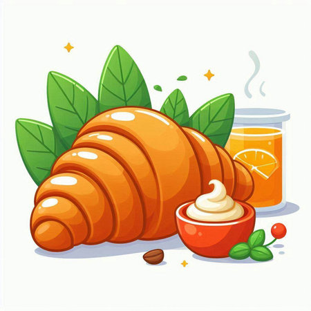 Coffee and croissant with cream. Vector illustration.のイラスト素材