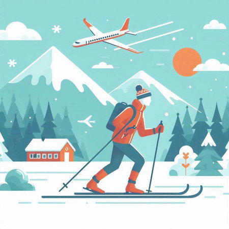 Vector illustration of skier and airplane in the mountains. Flat style design.のイラスト素材