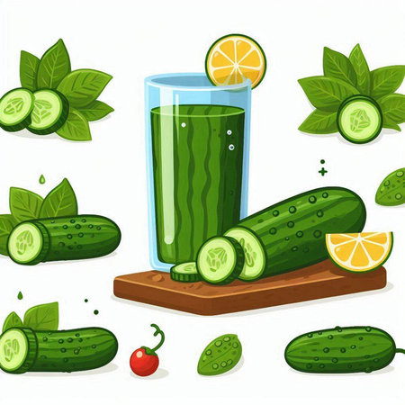 Cucumber juice and ingredients on white background. Vector illustration.のイラスト素材