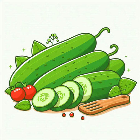 Cucumber, tomato, basil and spices. Vector illustration.のイラスト素材