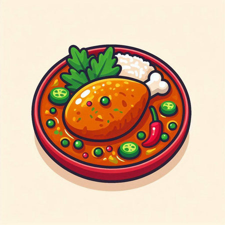 Illustration of a bowl of spicy chicken soup. Vector illustration.のイラスト素材