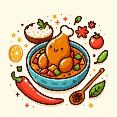 Cute cartoon chicken soup in bowl. Hand drawn vector illustration.のイラスト素材